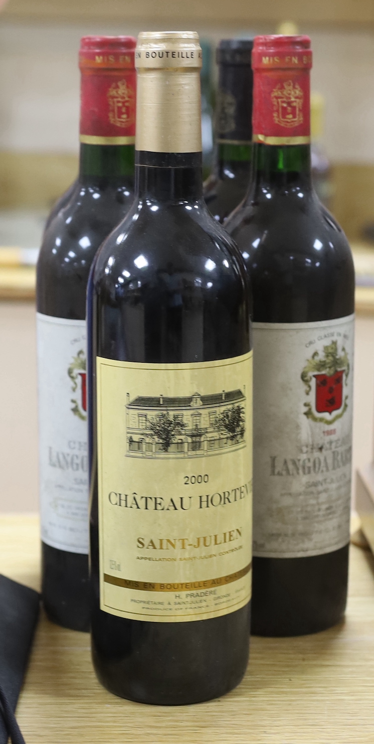 Five bottles of wine: two bottles of 75cl 1988 Chateau Langoa Barton Saint-Julien, one bottle of 75cl 1995 and one bottle of 75cl 1999 Château Leoville Barton Saint-Julien, and one bottle of 75cl 2000 Château Hortevie Sa